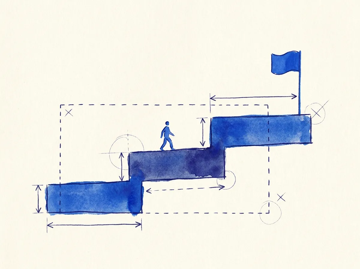 設計図調に描かれた、旗の立つ最上段へ人が階段を登っていくイラスト