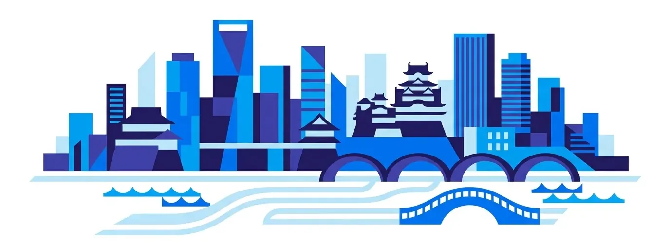 城と川、橋のある大阪の街並みをモチーフにしたイラスト