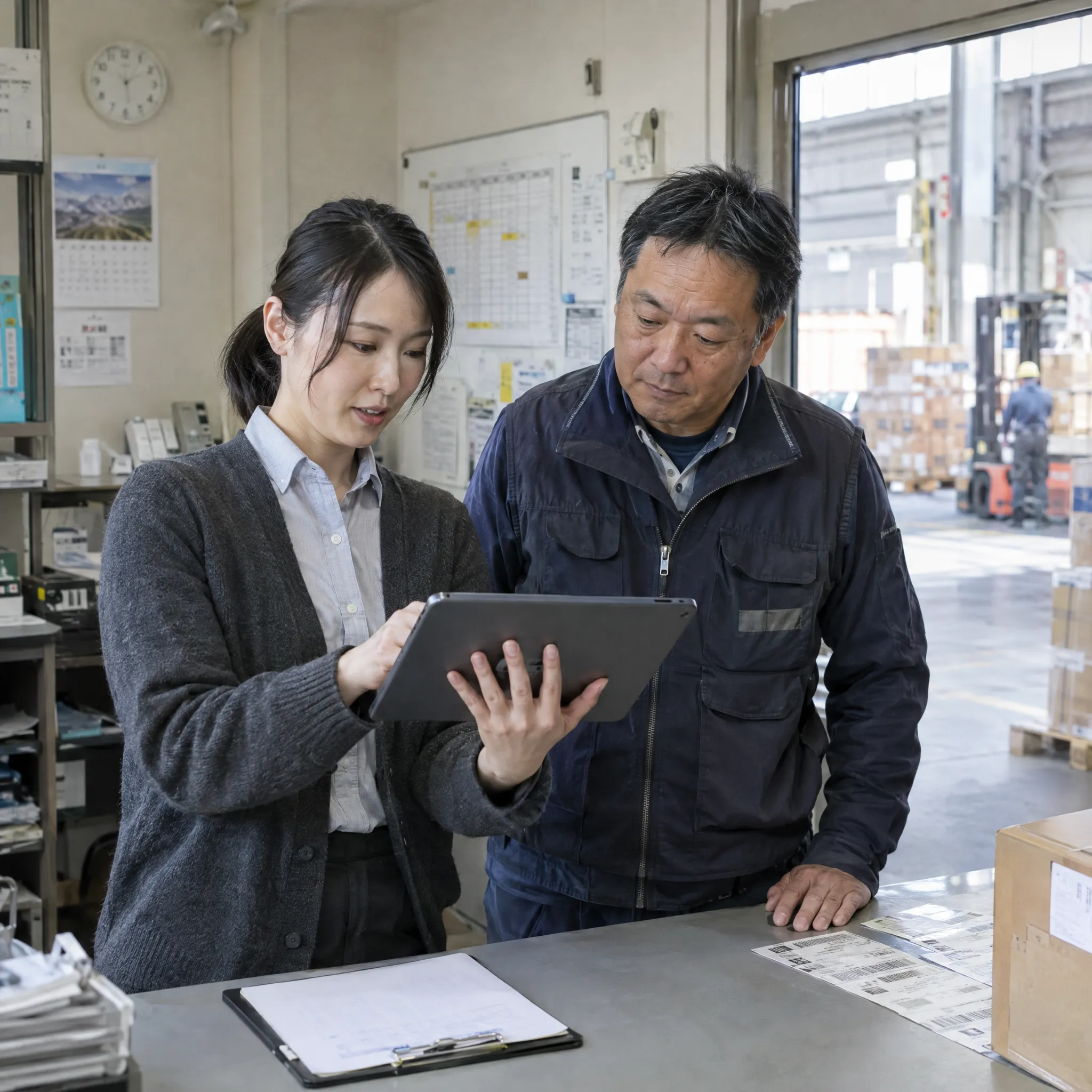 物流現場の事務所で、タブレットを見せながら現場の担当者と確認する様子