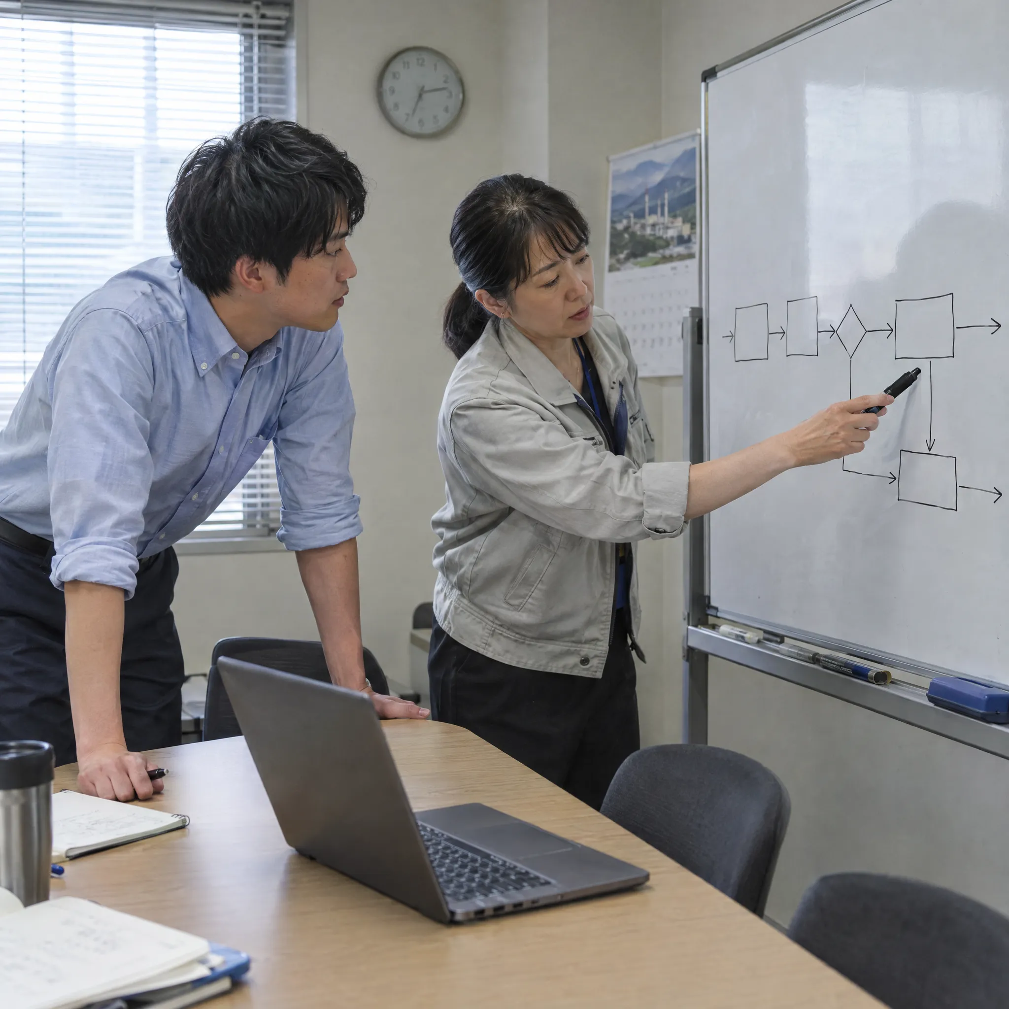 ホワイトボードで業務の流れを整理しながら打ち合わせる様子