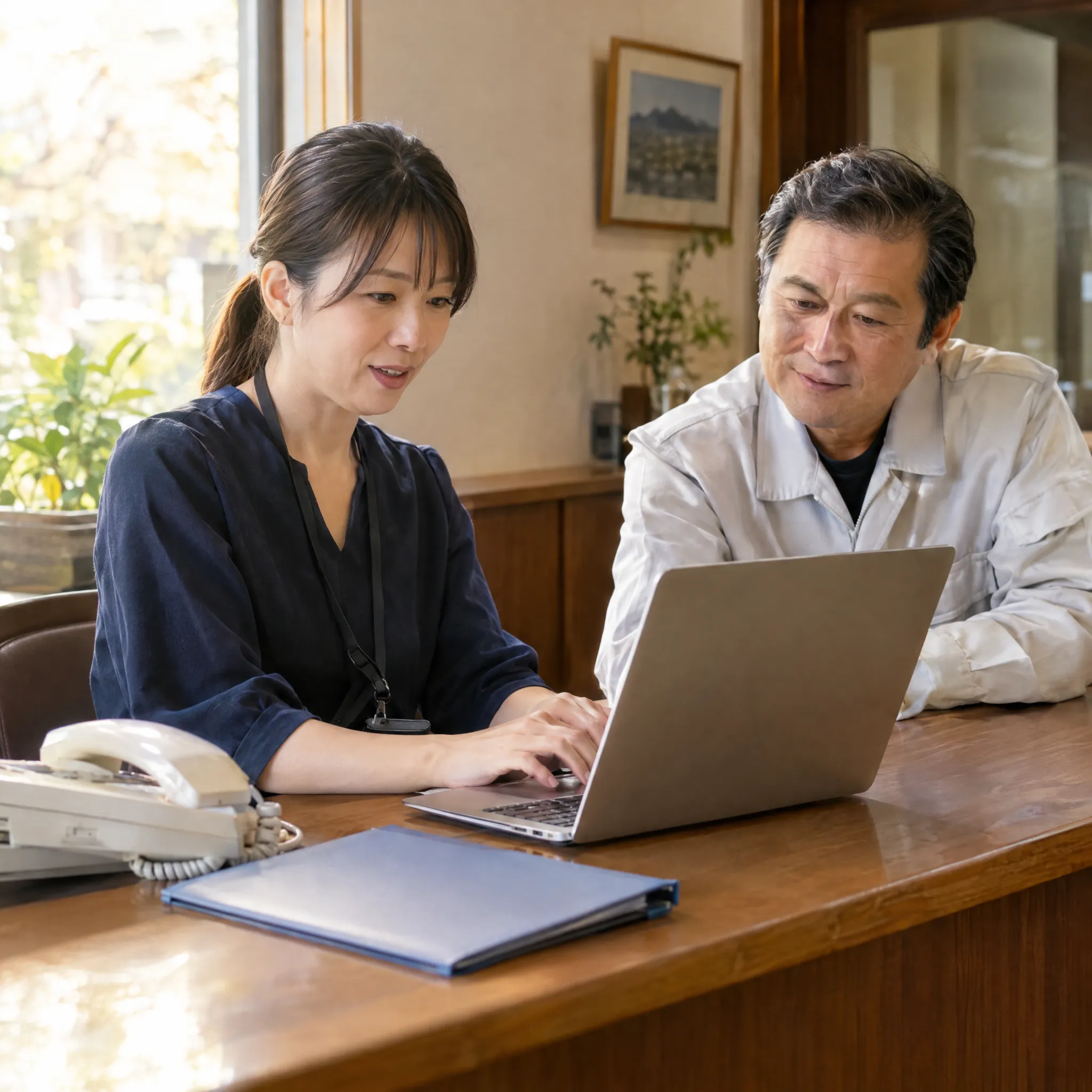 顧客先のデスクで、動き始める仕組みを一緒に確認する様子